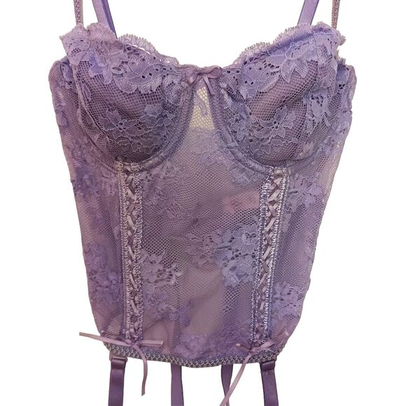 VNT Victoria's Secret CORSET SET Size 34C LAVENDER Floral Lace Romantic Bridal - Picture 1 of 14